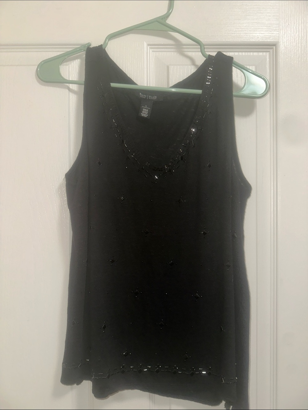 White House/Black Market Beaded V-Neck Black Tank Top